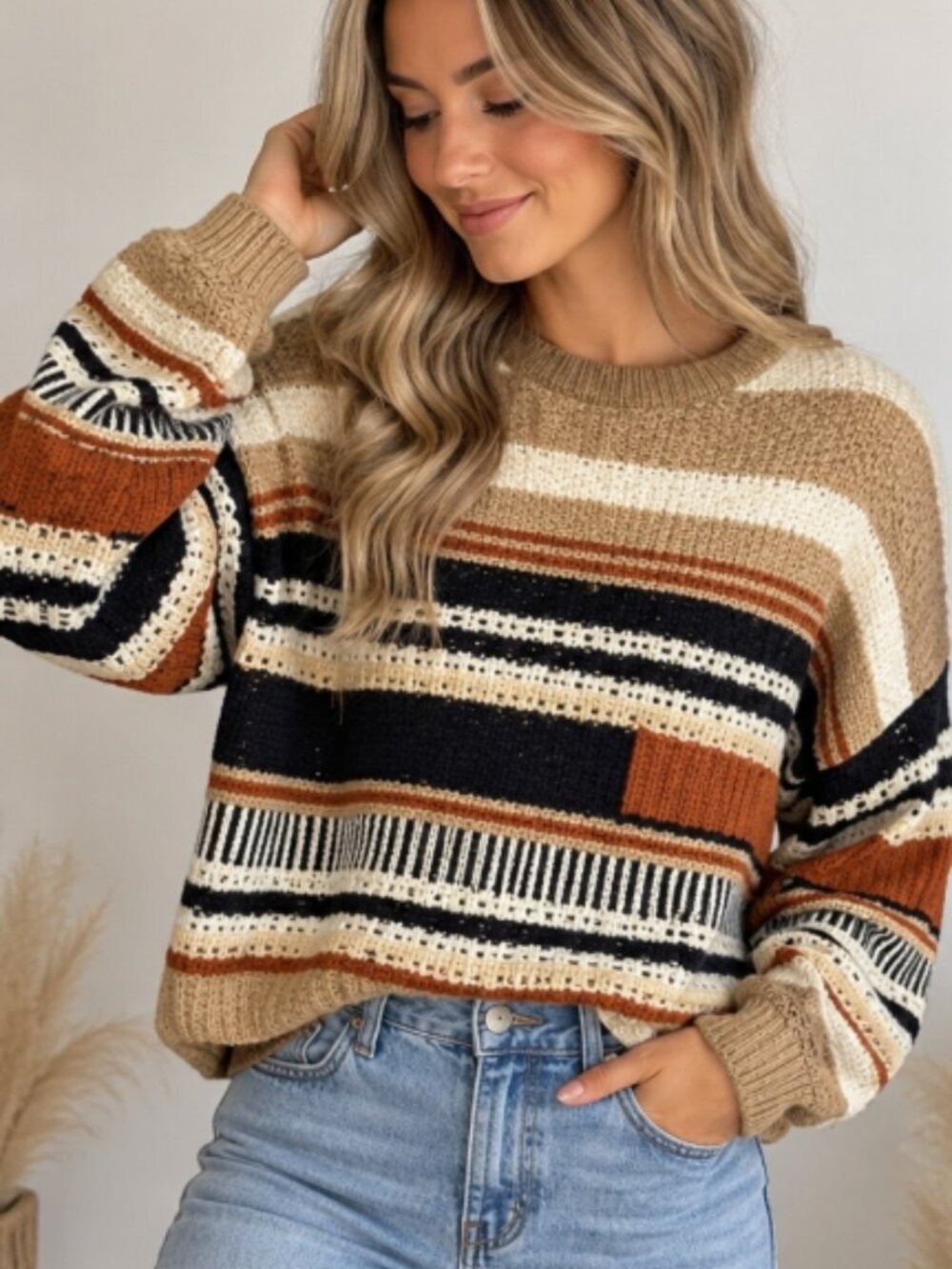 Apricot Striped Chunky Knit Sweater | Cozy Boho Pullover - Size Large